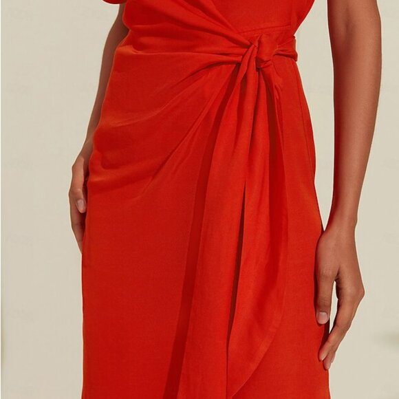 Ador Tencel Linen V Neck Shirred Wrap Midi Dress - size M - Picture 3 of 6